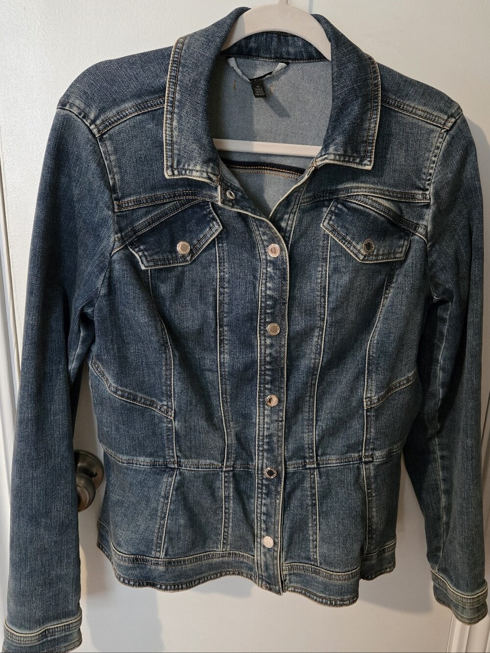 White House Black Market Blue Denim Jacket with Snap Front. Peplum Style